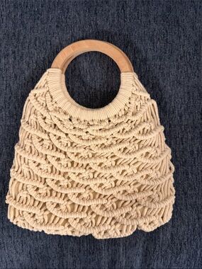Cream Macramé Tote with Wooden Ring Handles
